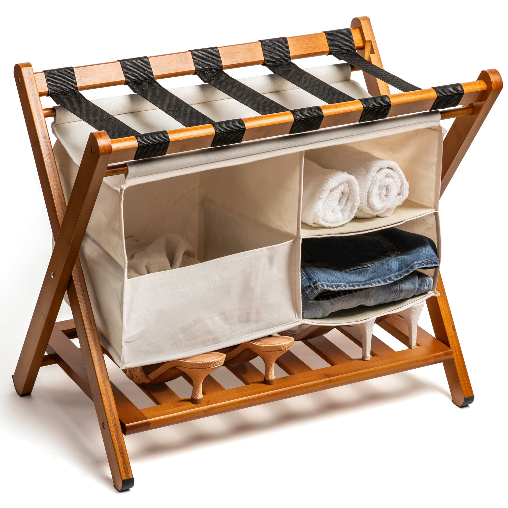 DomeNest Folding Luggage Rack for Guest Room with Laundry Bag