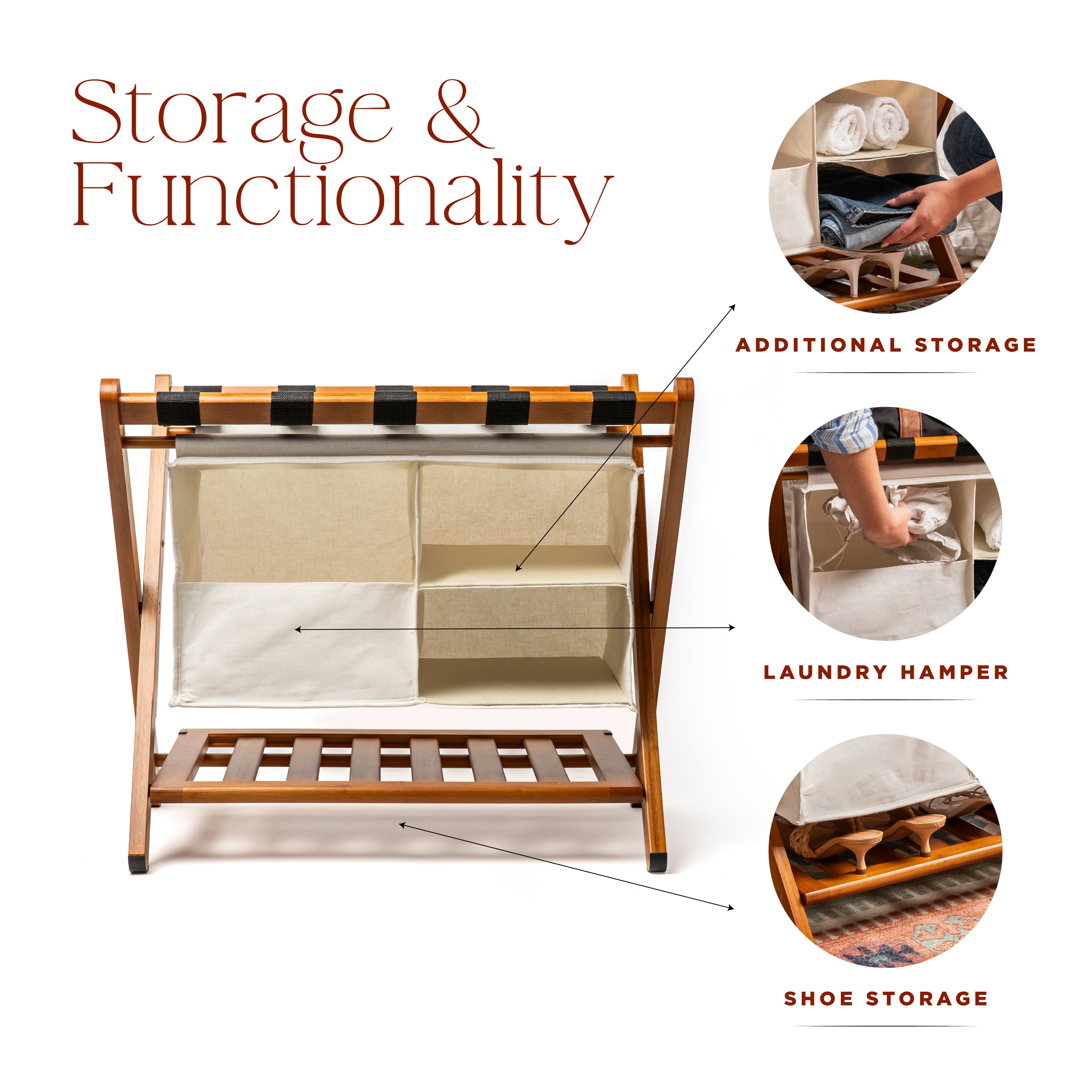 Bamboo Folding Luggage Stand With Laundry Bag Guest Room Bamboo Folding ...